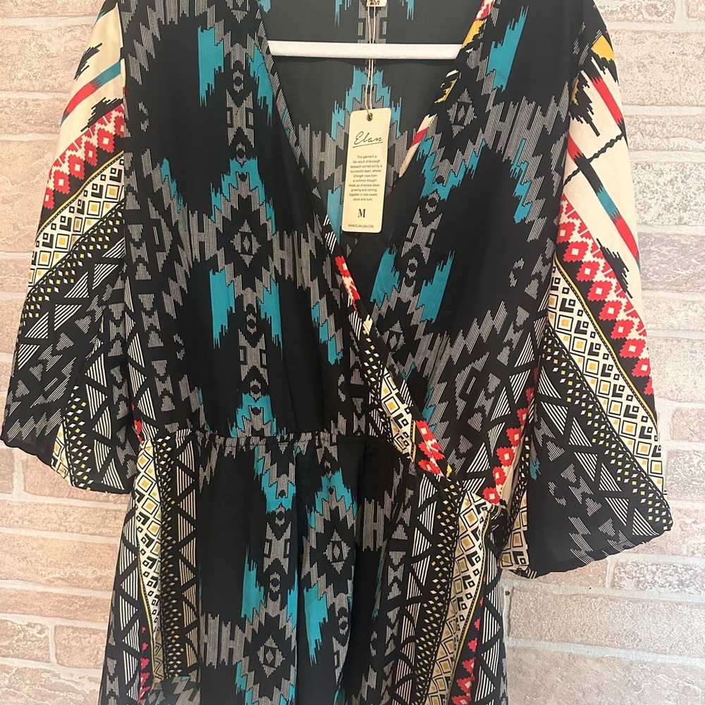 Elan Black and Blue Patterned Blouse